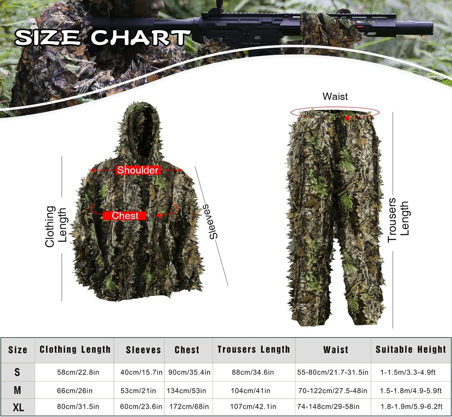 Zicac Outdoor Camo Ghillie Suit 3D Leafy Camouflage Clothing Jungle Woodland Hunting