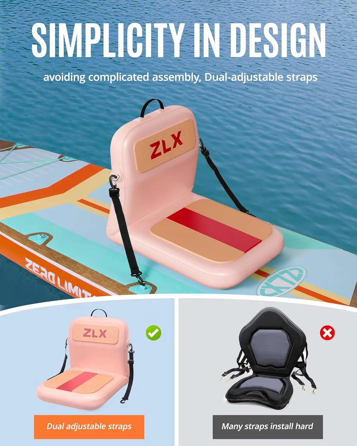 ZLX Paddle Board Seat with Back Support, Portable Kayak Seat, Air Pump Included, Universal Inflatable Seat for Adults, Foldable Ergonomic Design, Easy Fix for Outdoor Fishing/Kayaking/Camping