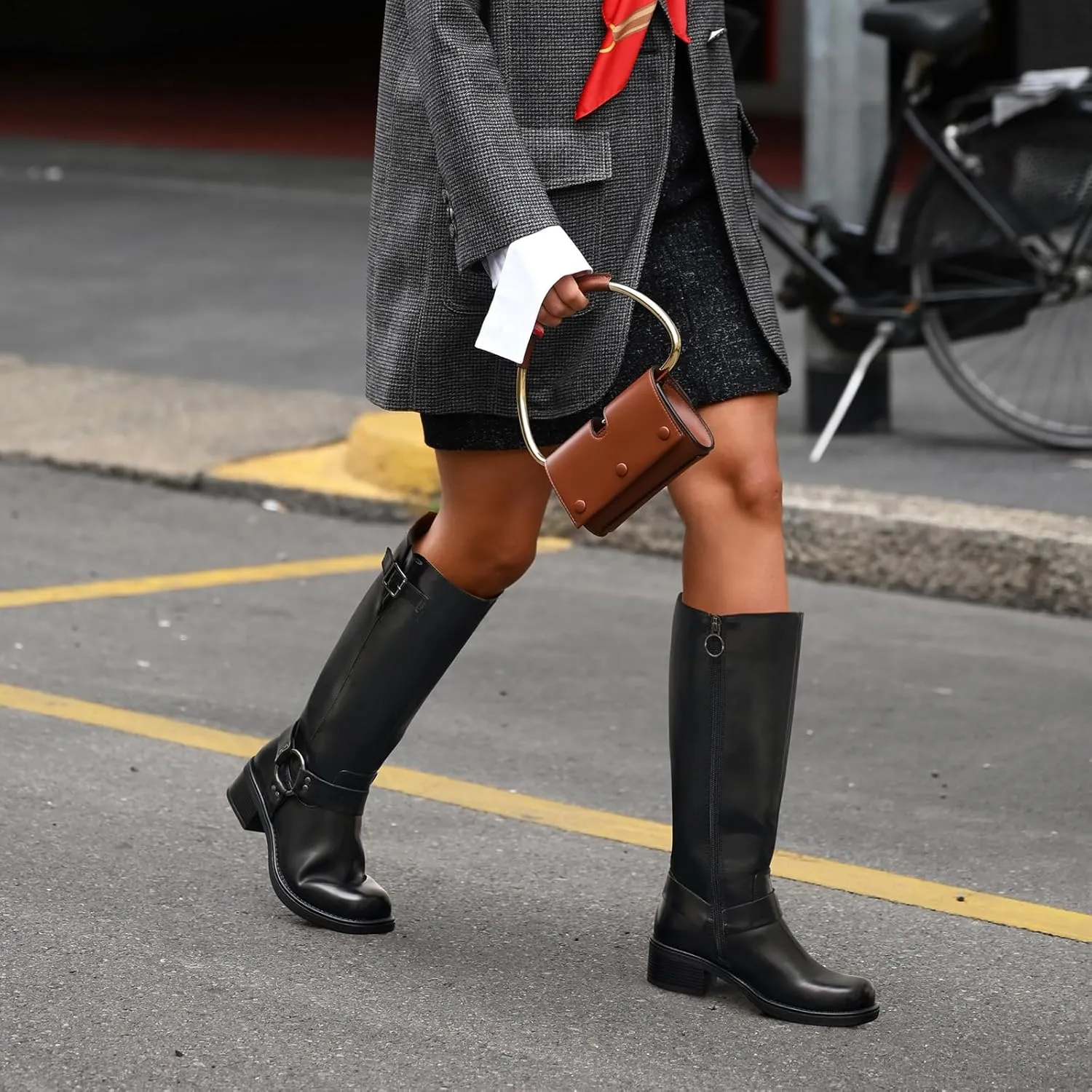 ZURIN Women's Knee High Boots Fashion Buckle Riding Boots Square Toe Chunky Block Heel Vintage Biker Motorcycle Boots for Women