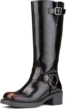 ZURIN Women's Knee High Boots Fashion Buckle Riding Boots Square Toe Chunky Block Heel Vintage Biker Motorcycle Boots for Women