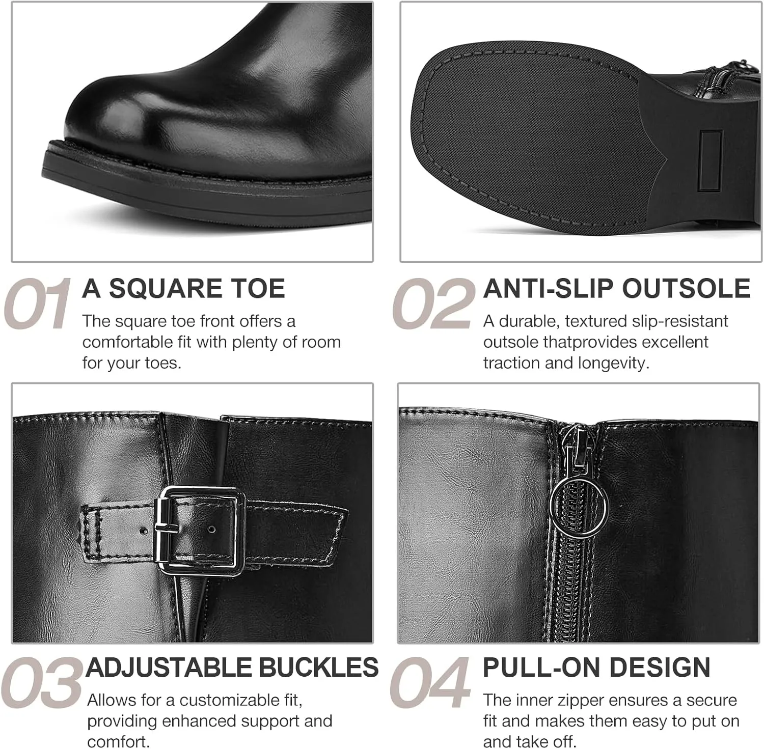 ZURIN Women's Knee High Boots Fashion Buckle Riding Boots Square Toe Chunky Block Heel Vintage Biker Motorcycle Boots for Women
