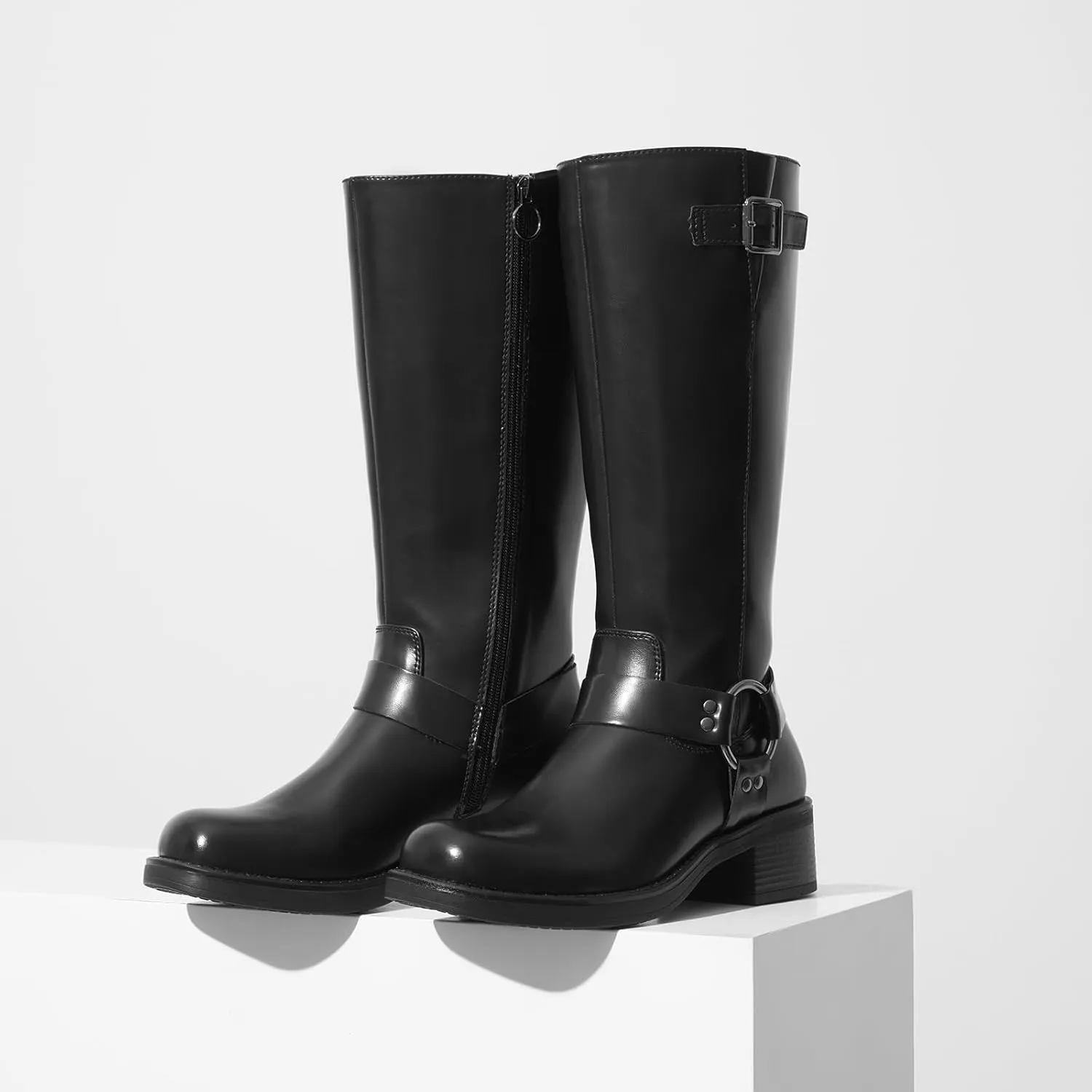 ZURIN Women's Knee High Boots Fashion Buckle Riding Boots Square Toe Chunky Block Heel Vintage Biker Motorcycle Boots for Women