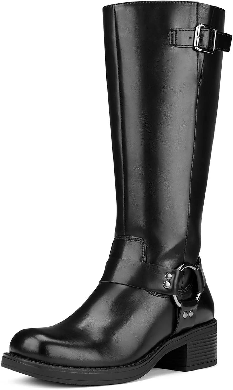 ZURIN Women's Knee High Boots Fashion Buckle Riding Boots Square Toe Chunky Block Heel Vintage Biker Motorcycle Boots for Women