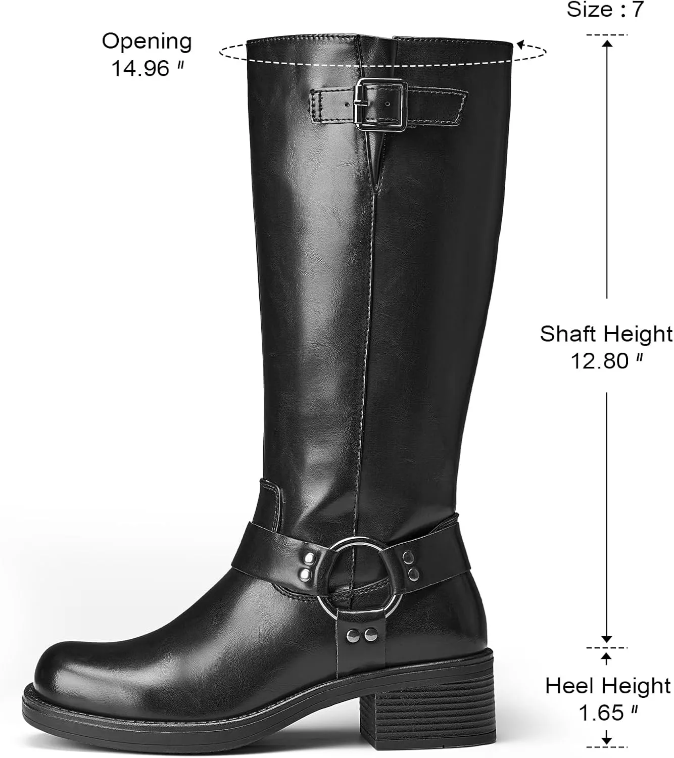 ZURIN Women's Knee High Boots Fashion Buckle Riding Boots Square Toe Chunky Block Heel Vintage Biker Motorcycle Boots for Women